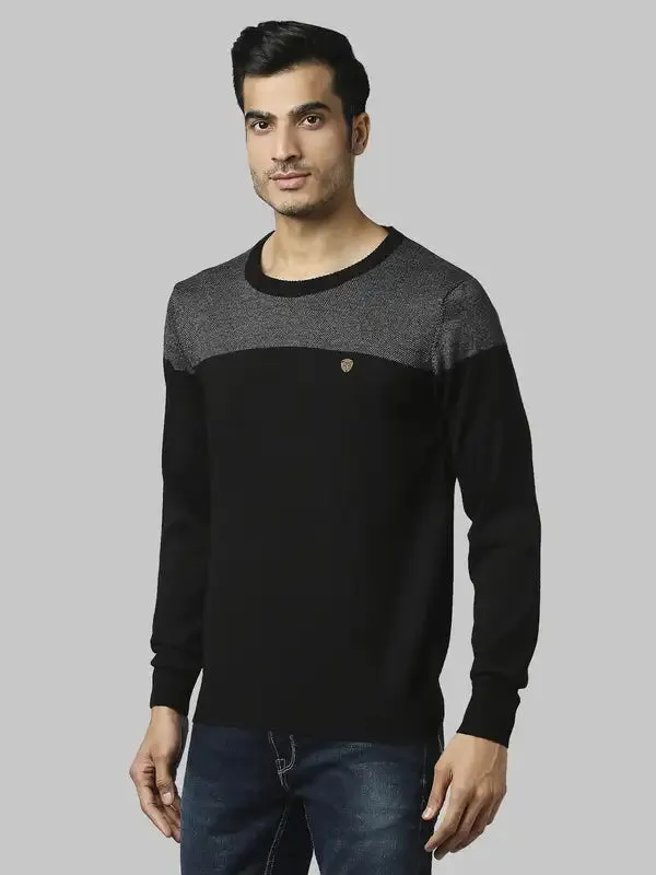 Men Grey Jacquard Acrylic Wool Blend Round Collar Sweaters