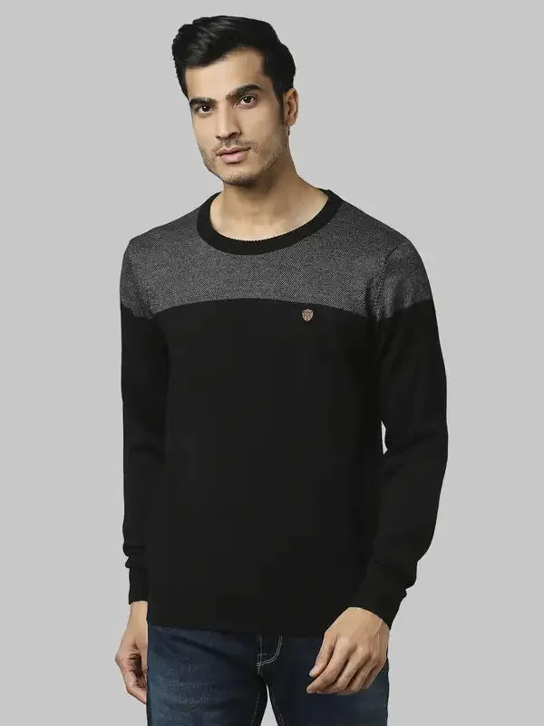 Men Grey Jacquard Acrylic Wool Blend Round Collar Sweaters