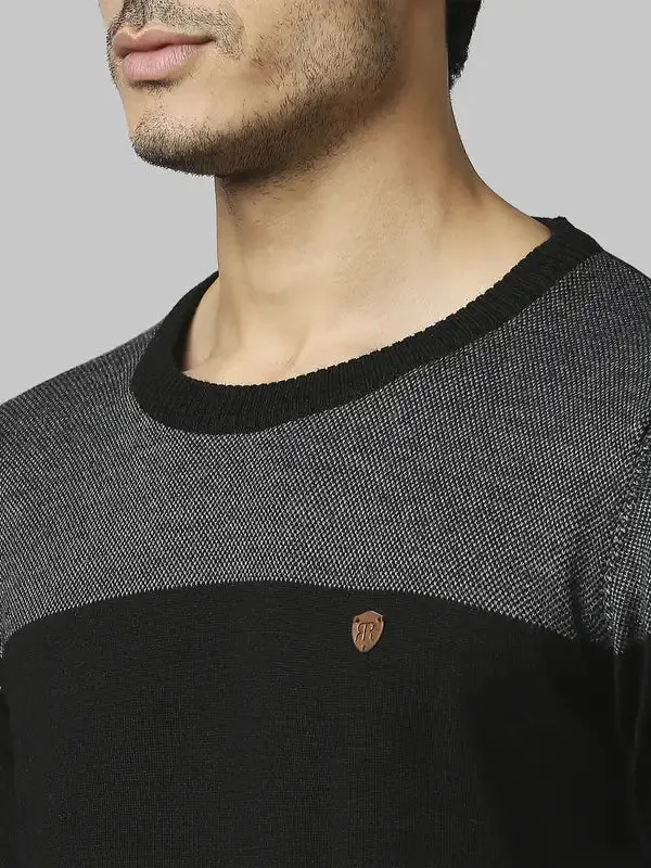 Men Grey Jacquard Acrylic Wool Blend Round Collar Sweaters