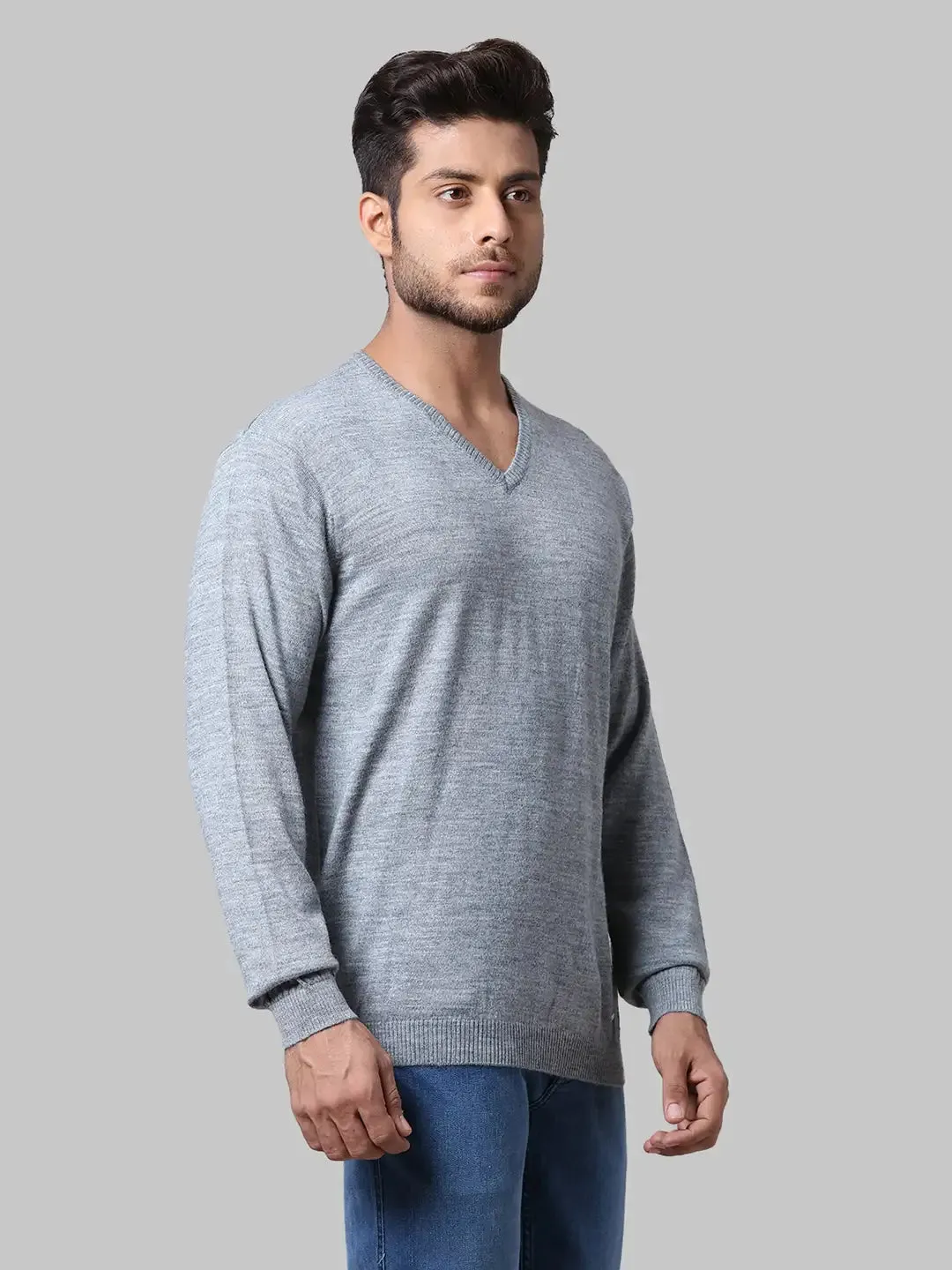 Men Grey Regular Fit Solid Wool Blend Full Sleeve V Neck Collar Sweaters