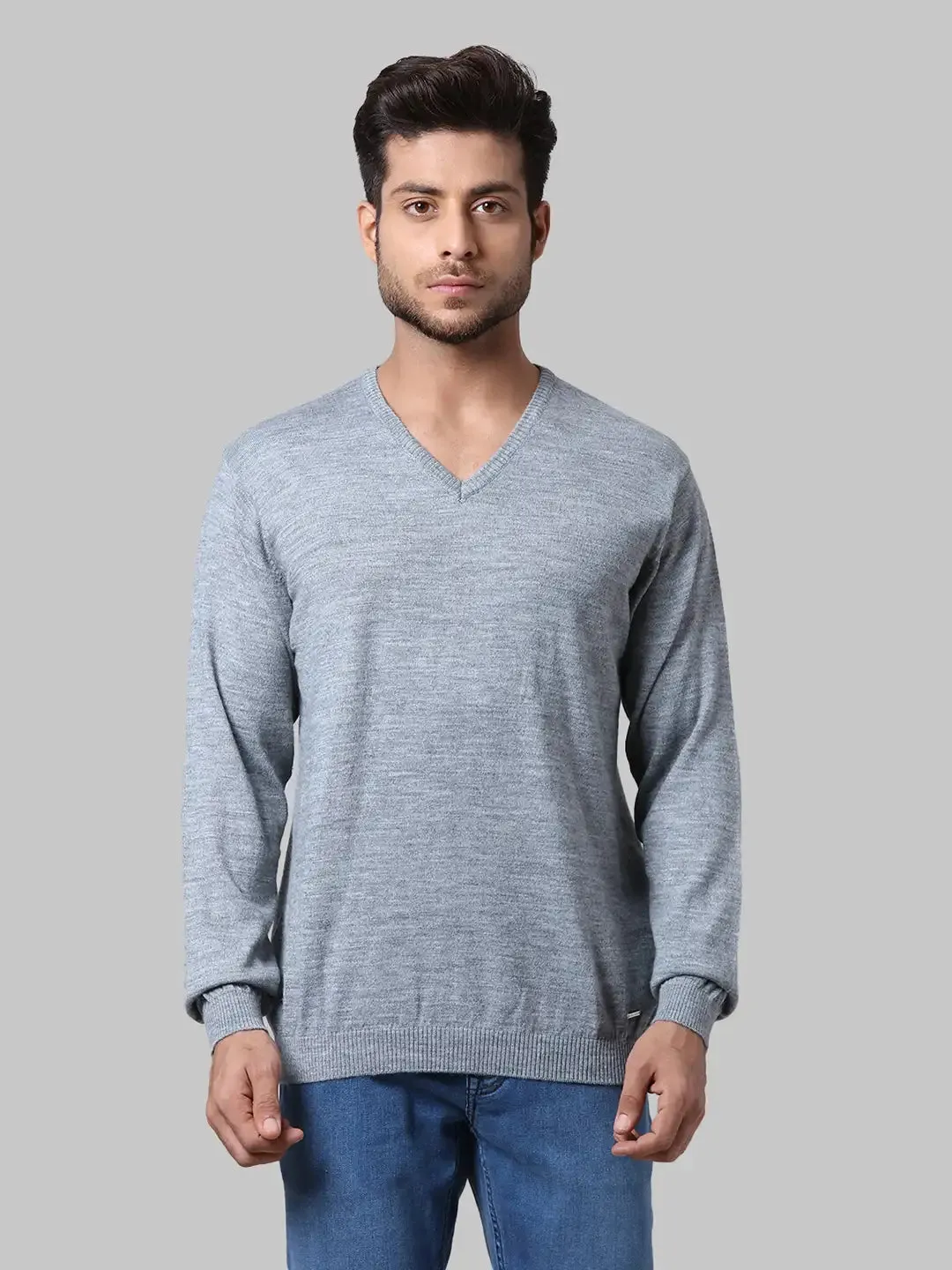 Men Grey Regular Fit Solid Wool Blend Full Sleeve V Neck Collar Sweaters