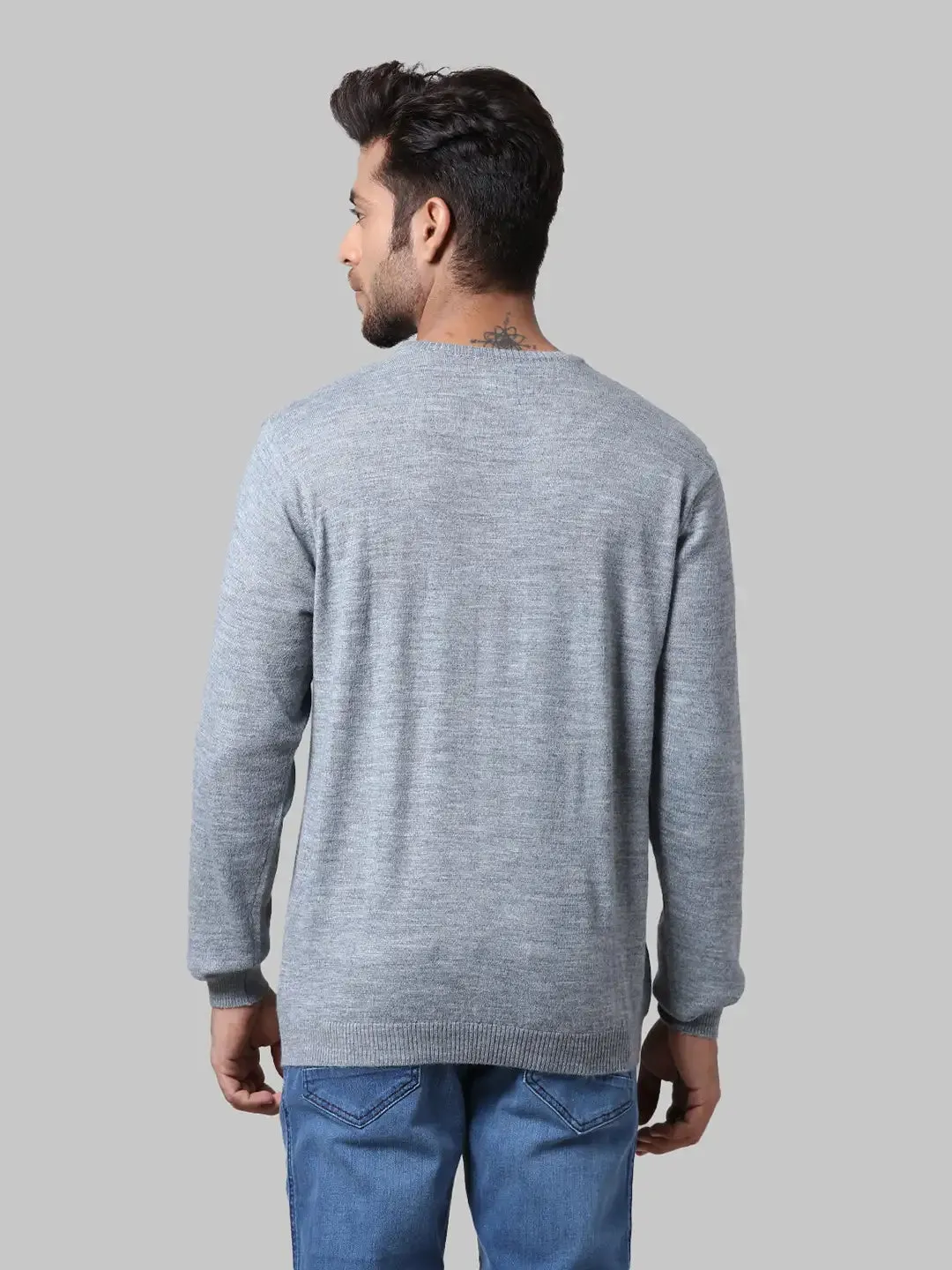 Men Grey Regular Fit Solid Wool Blend Full Sleeve V Neck Collar Sweaters