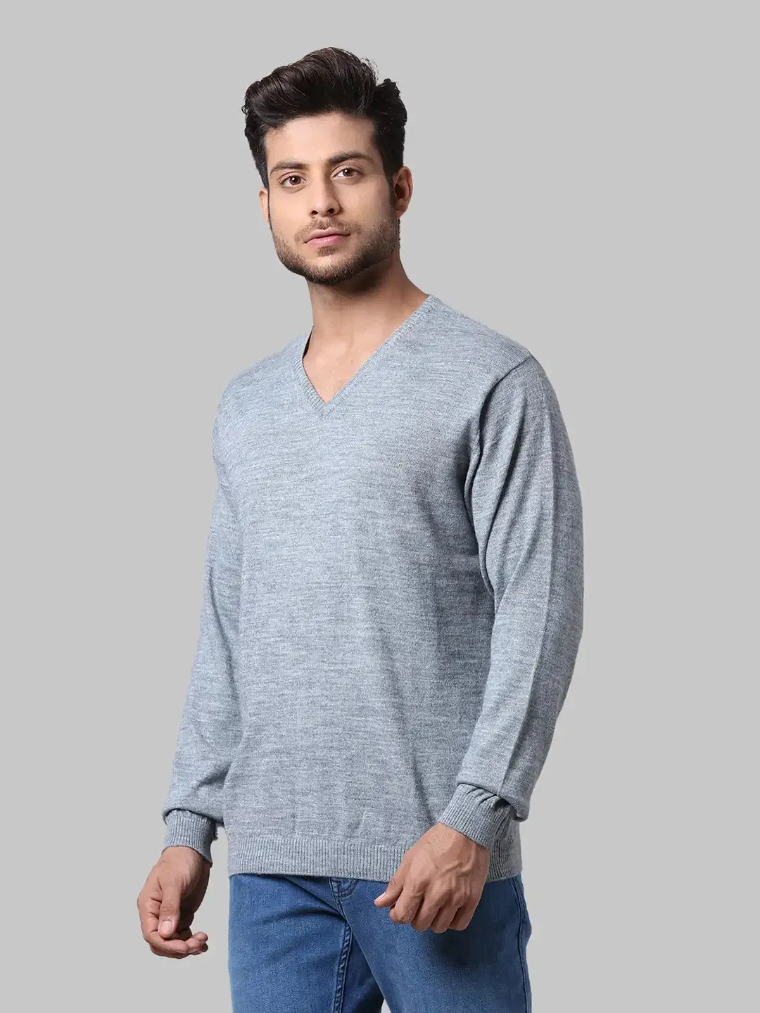 Men Grey Regular Fit Solid Wool Blend Full Sleeve V Neck Collar Sweaters