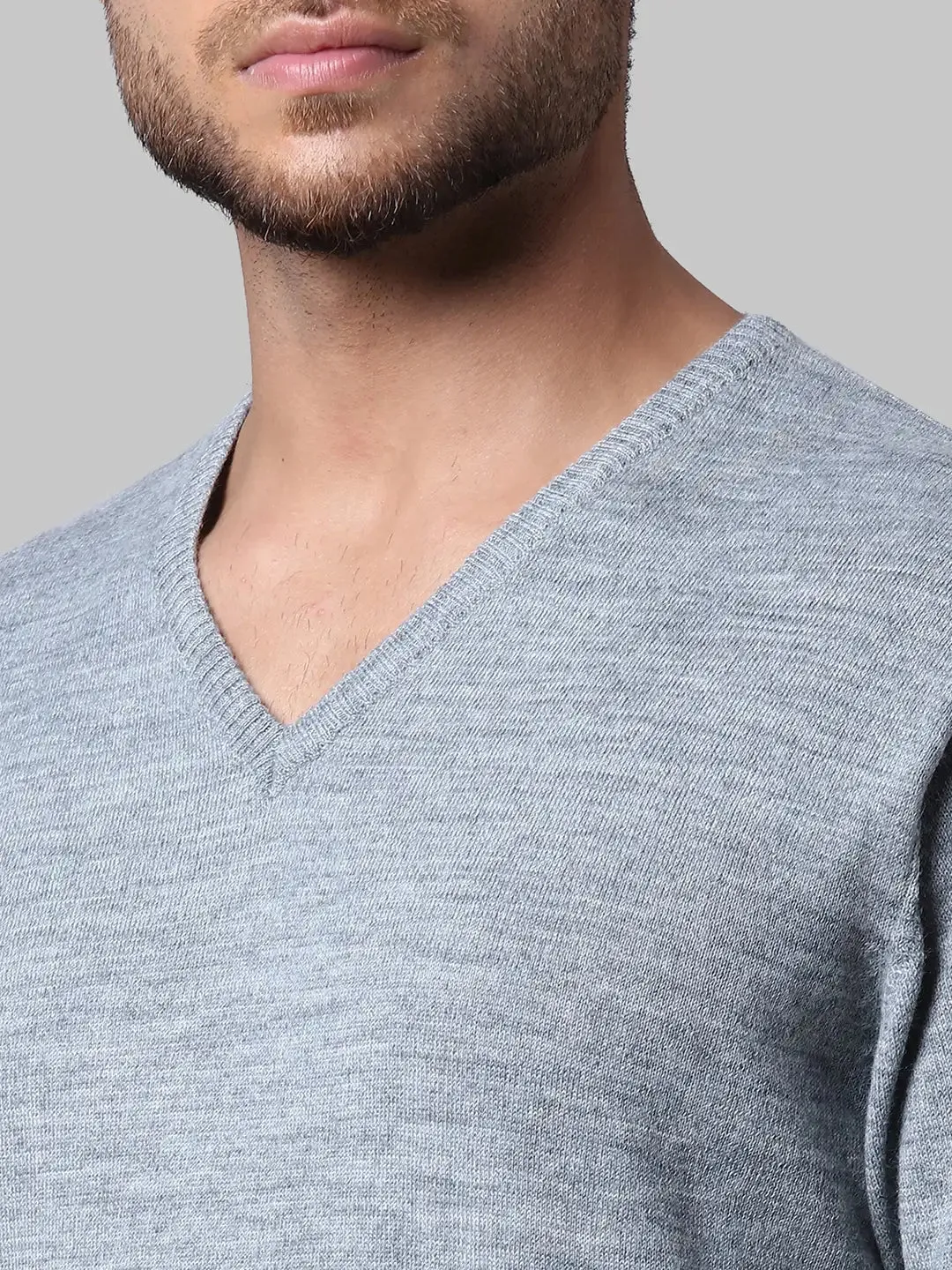 Men Grey Regular Fit Solid Wool Blend Full Sleeve V Neck Collar Sweaters