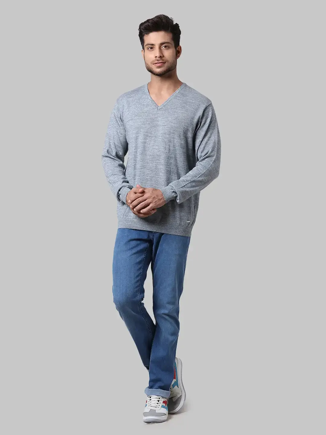 Men Grey Regular Fit Solid Wool Blend Full Sleeve V Neck Collar Sweaters