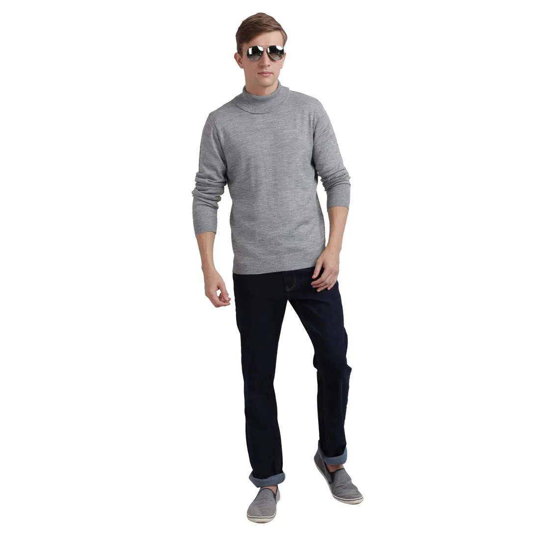 Men Grey Solid Acrylic Blend Full Sleeve Sweaters