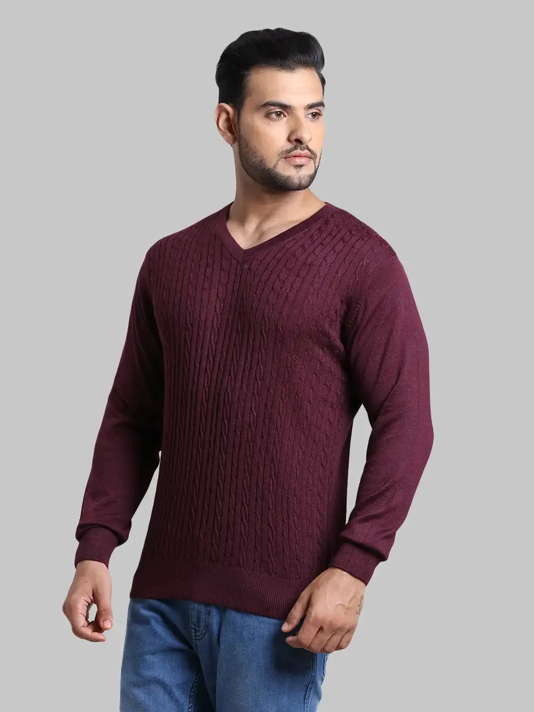 Men Red Tailored Fit Cable Acrylic Wool Blend Full Sleeve V Neck Collar Sweaters