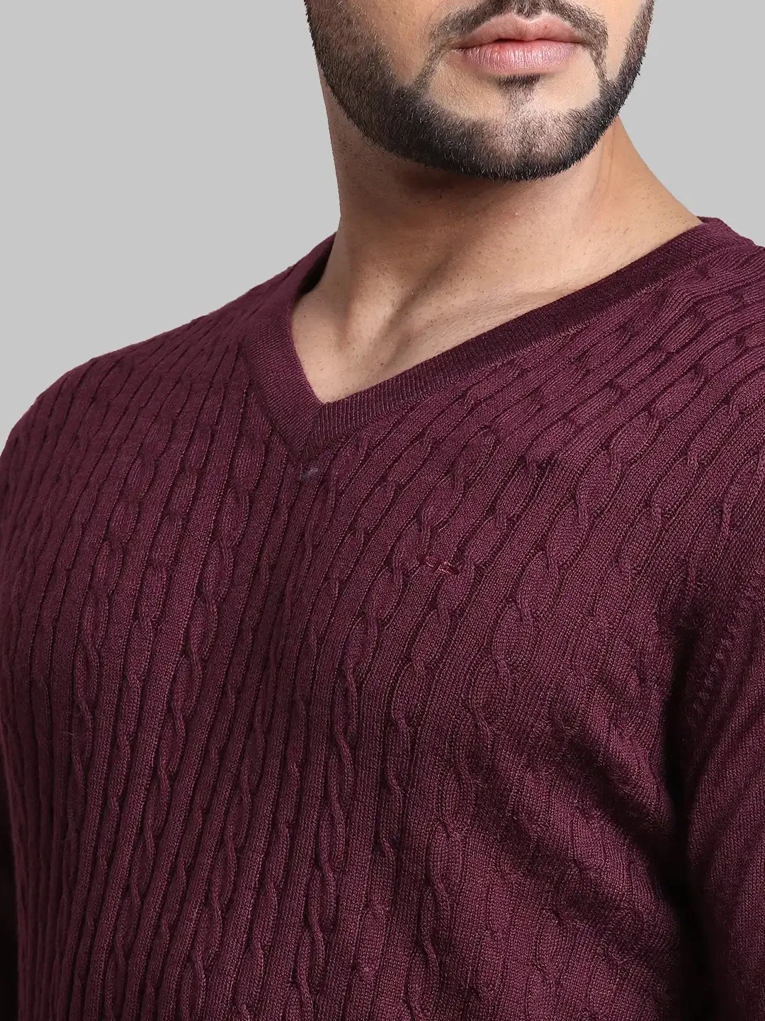 Men Red Tailored Fit Cable Acrylic Wool Blend Full Sleeve V Neck Collar Sweaters