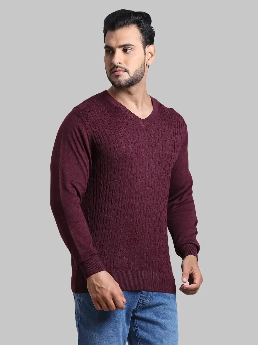 Men Red Tailored Fit Cable Acrylic Wool Blend Full Sleeve V Neck Collar Sweaters