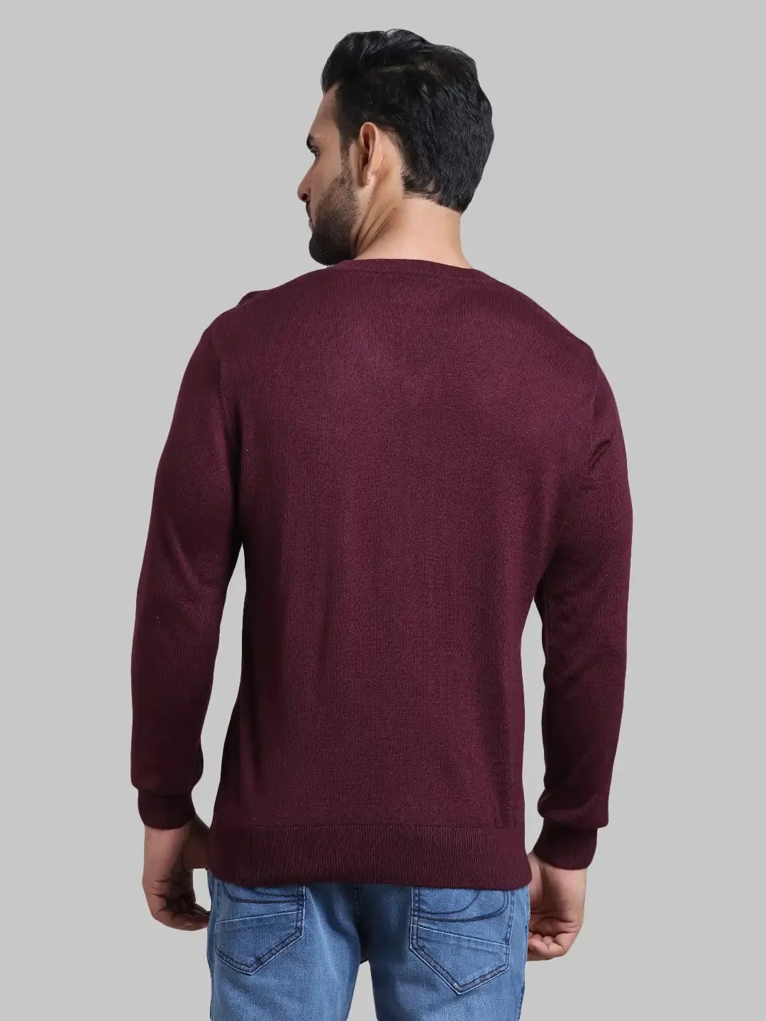 Men Red Tailored Fit Cable Acrylic Wool Blend Full Sleeve V Neck Collar Sweaters