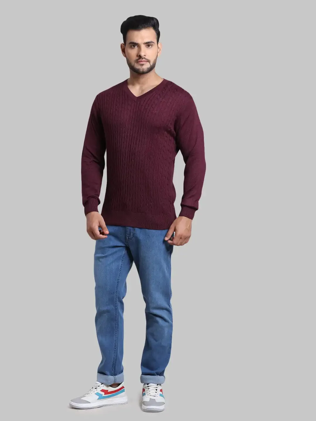 Men Red Tailored Fit Cable Acrylic Wool Blend Full Sleeve V Neck Collar Sweaters