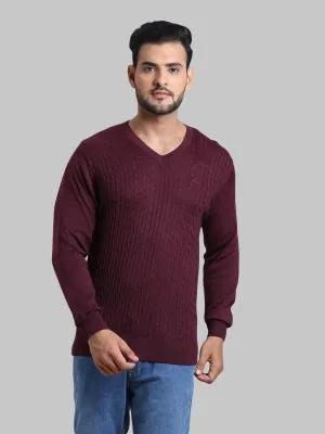 Men Red Tailored Fit Cable Acrylic Wool Blend Full Sleeve V Neck Collar Sweaters