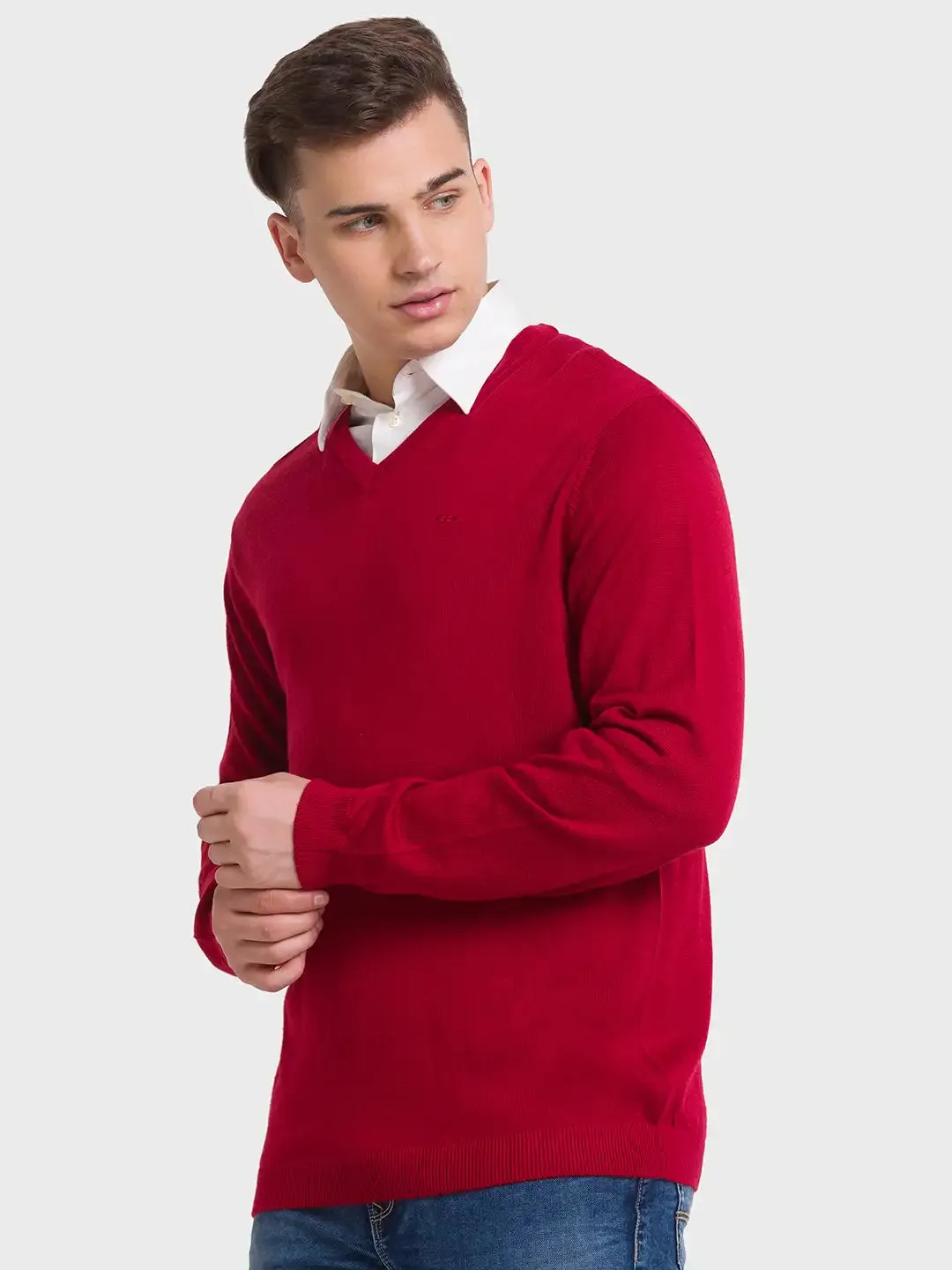 Men Red Tailored Fit Solid Merino Wool Acrylic Blend Full Sleeve V Neck Collar Sweaters