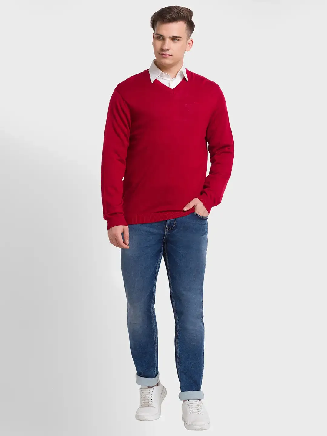 Men Red Tailored Fit Solid Merino Wool Acrylic Blend Full Sleeve V Neck Collar Sweaters
