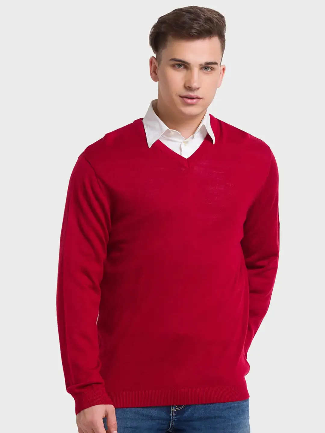 Men Red Tailored Fit Solid Merino Wool Acrylic Blend Full Sleeve V Neck Collar Sweaters