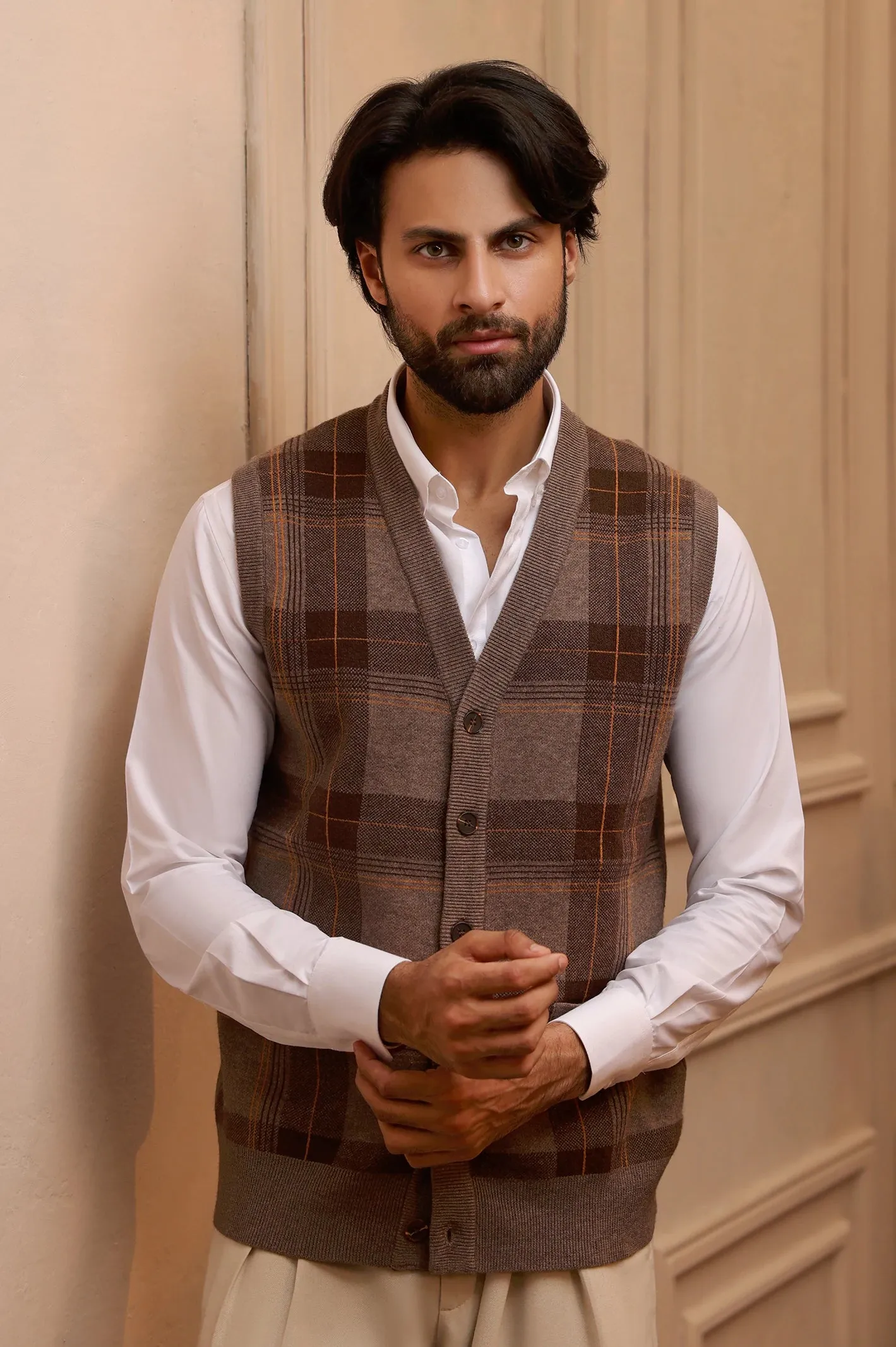 Men Sleeveless Light Brown Cardigan