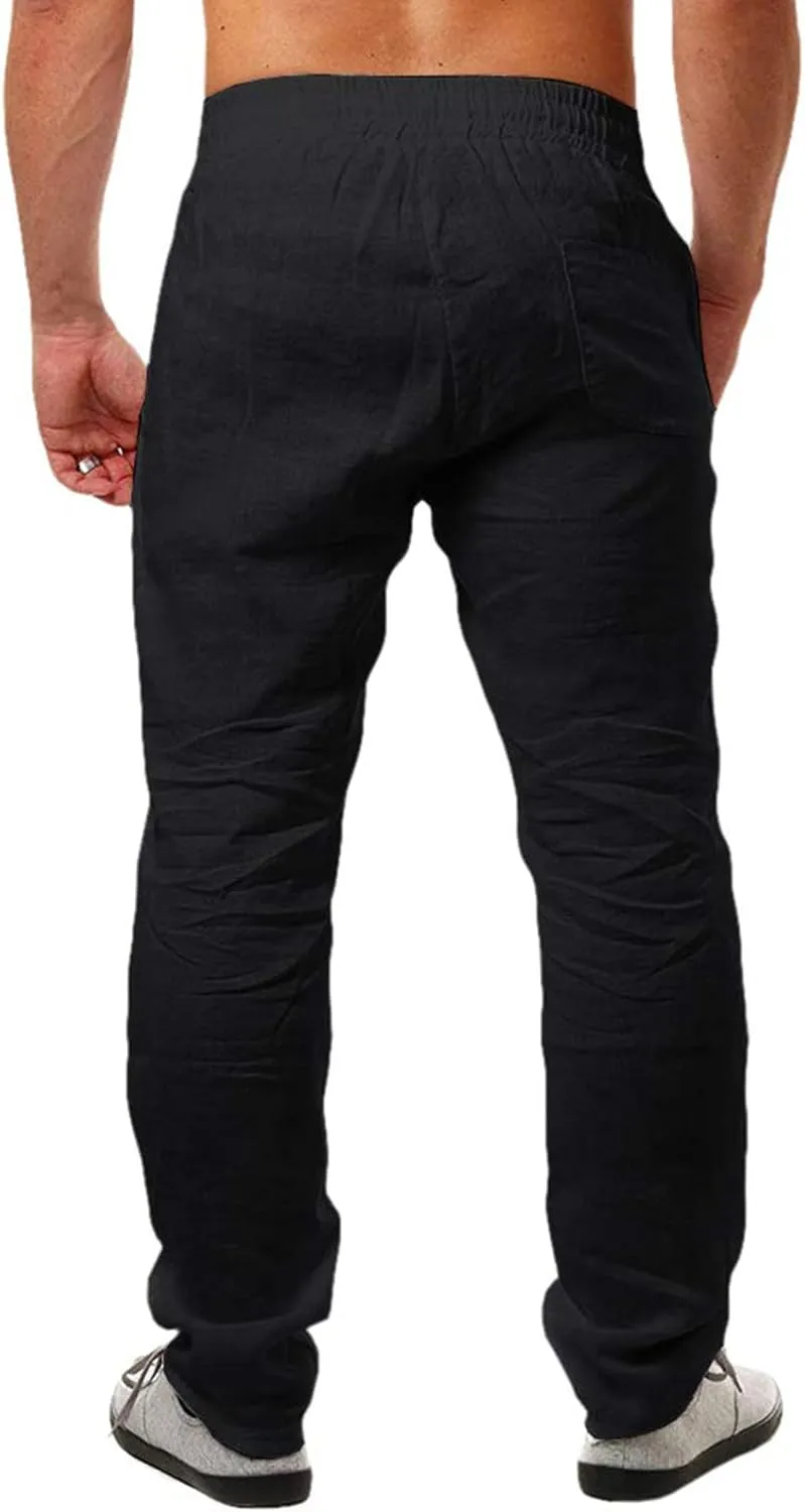 Men's Cotton Linen Trousers Sports Workout Baggy Pants Breathable Comfy Sweat Pants Summer Lightweight Soft Trousers