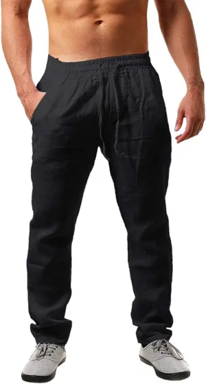Men's Cotton Linen Trousers Sports Workout Baggy Pants Breathable Comfy Sweat Pants Summer Lightweight Soft Trousers
