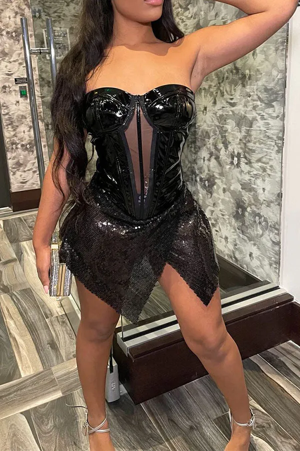 Metallic Patchwork Sequined Chic Irregular Mini Dress