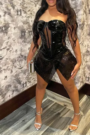 Metallic Patchwork Sequined Chic Irregular Mini Dress