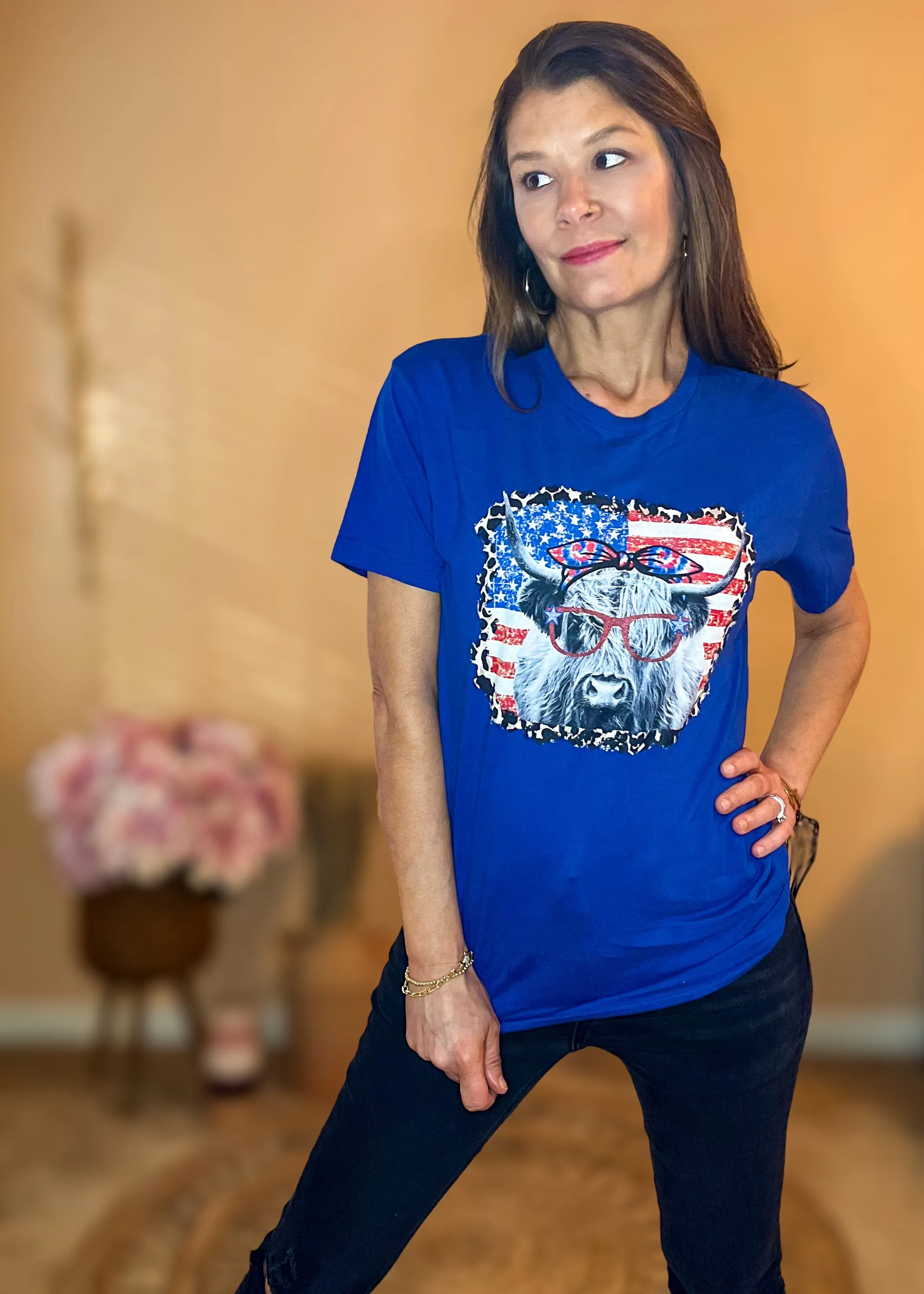 Patriotic Highland Cow Graphic Tee