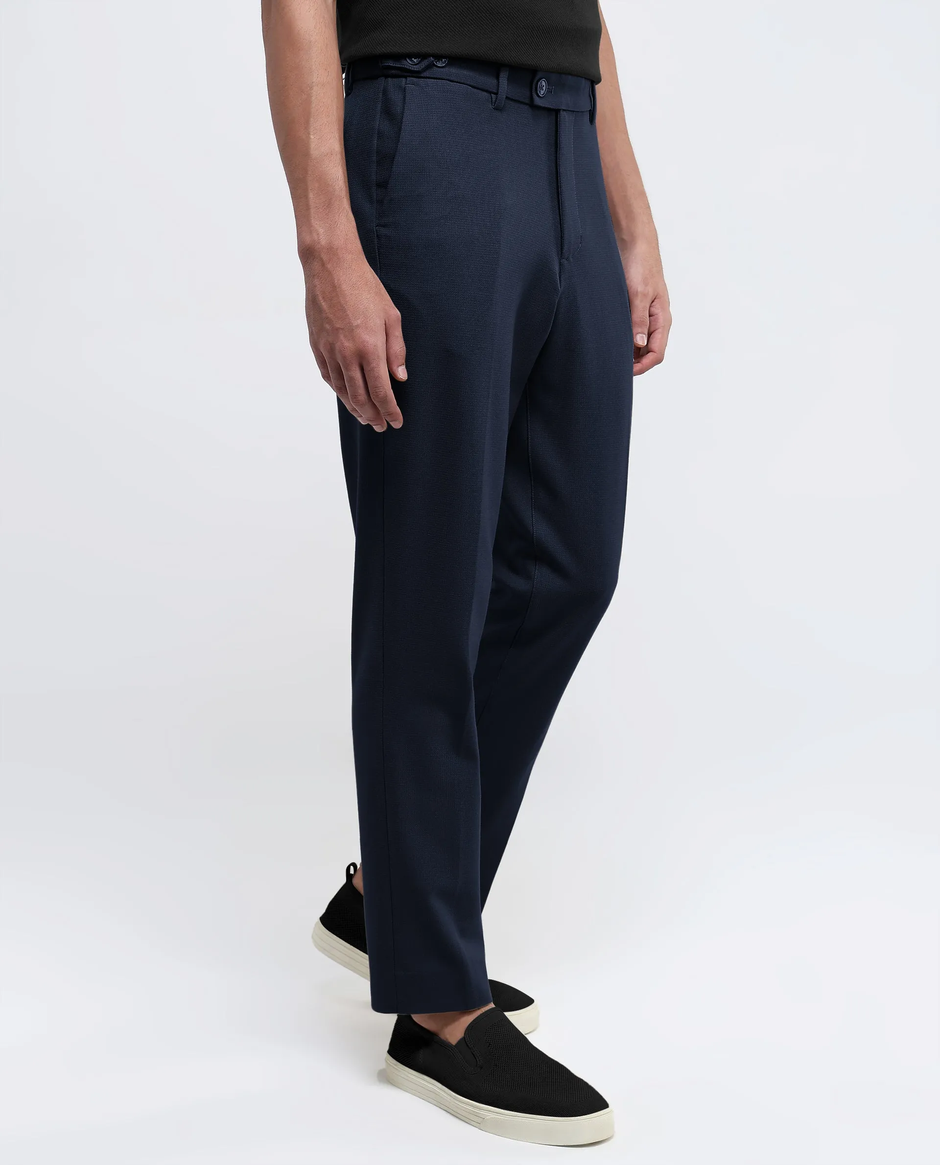 Rare Rabbit Men Austin Navy Button And Zip Closure Relaxed Fit Plain Trouser