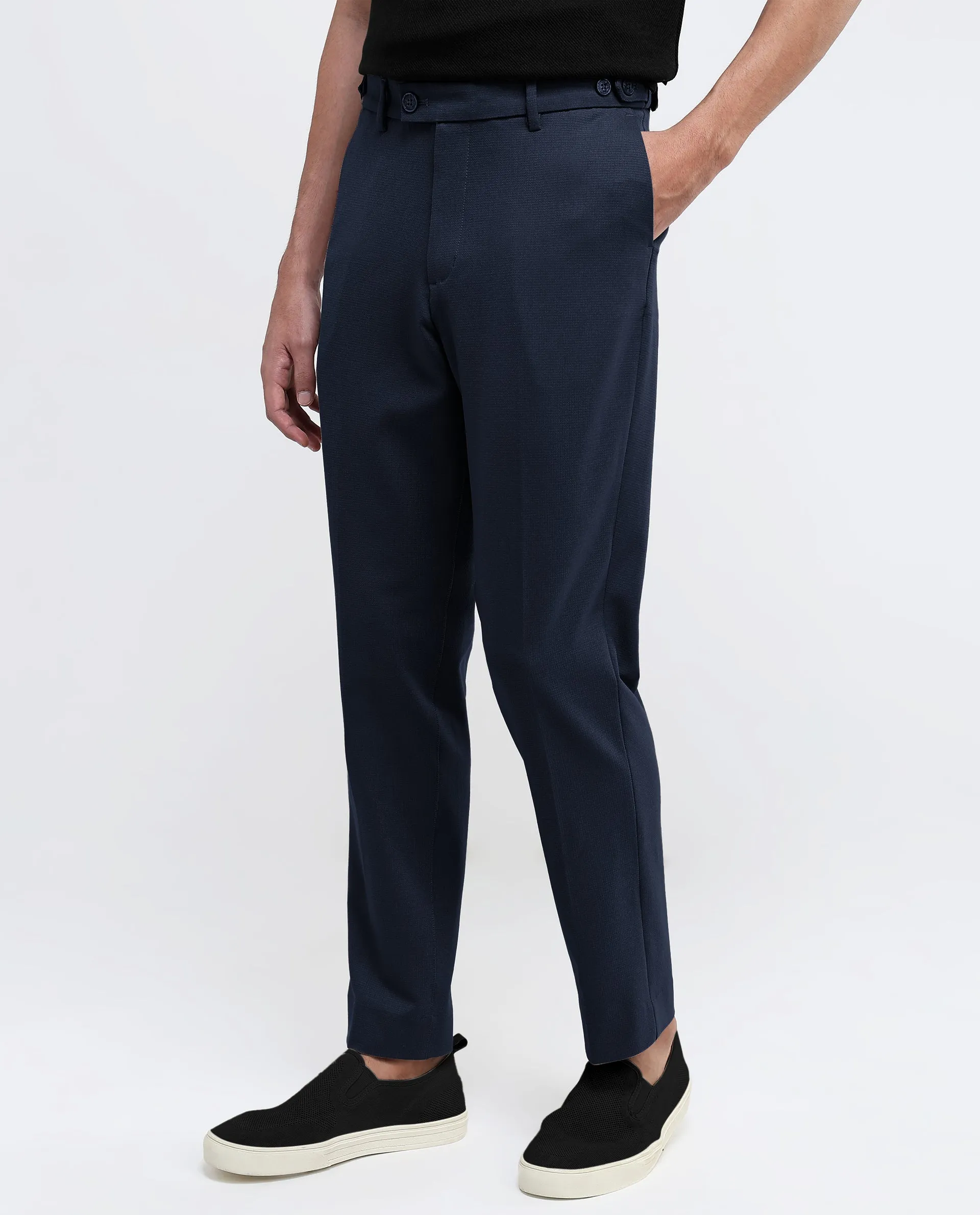 Rare Rabbit Men Austin Navy Button And Zip Closure Relaxed Fit Plain Trouser