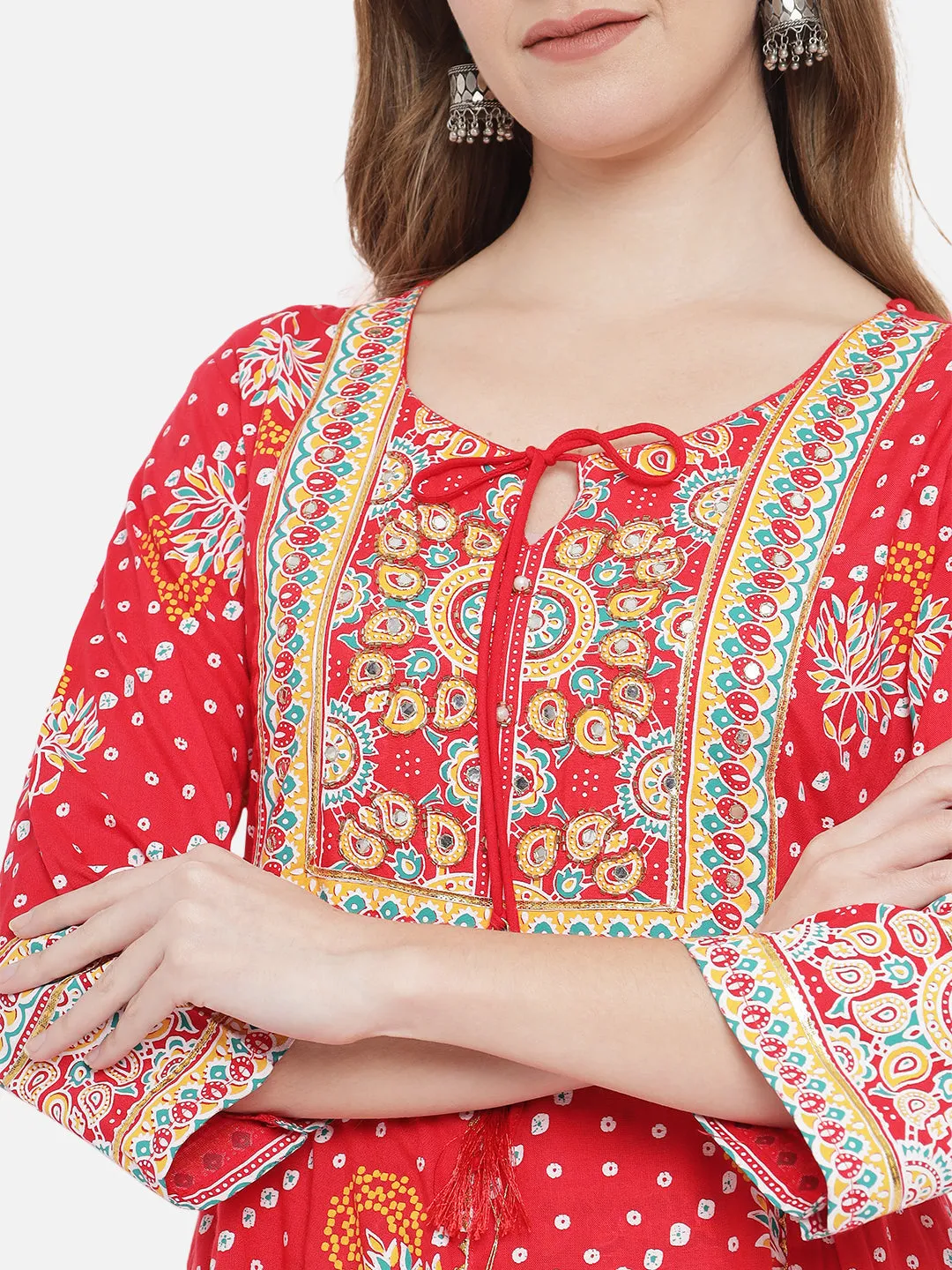 Red & Yellow Rayon Kalidar Kurta Set