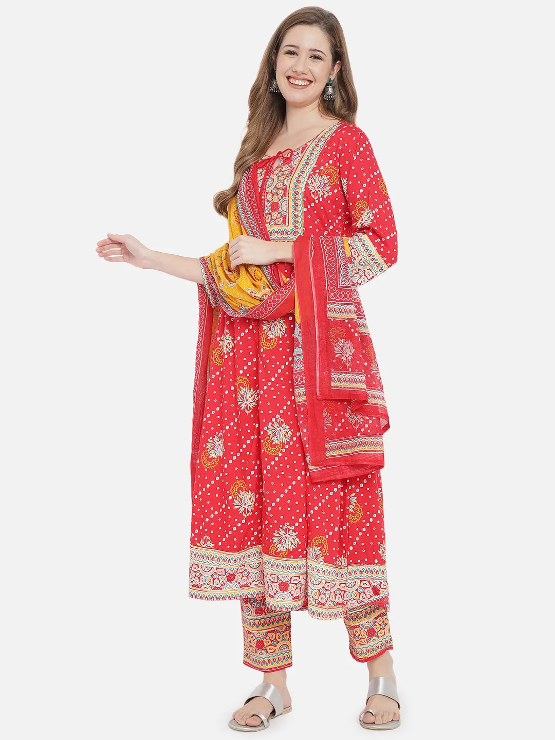 Red & Yellow Rayon Kalidar Kurta Set