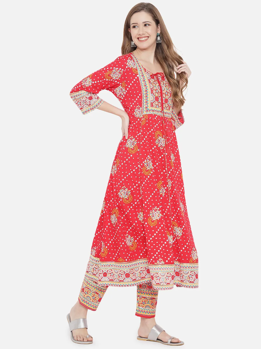 Red & Yellow Rayon Kalidar Kurta Set
