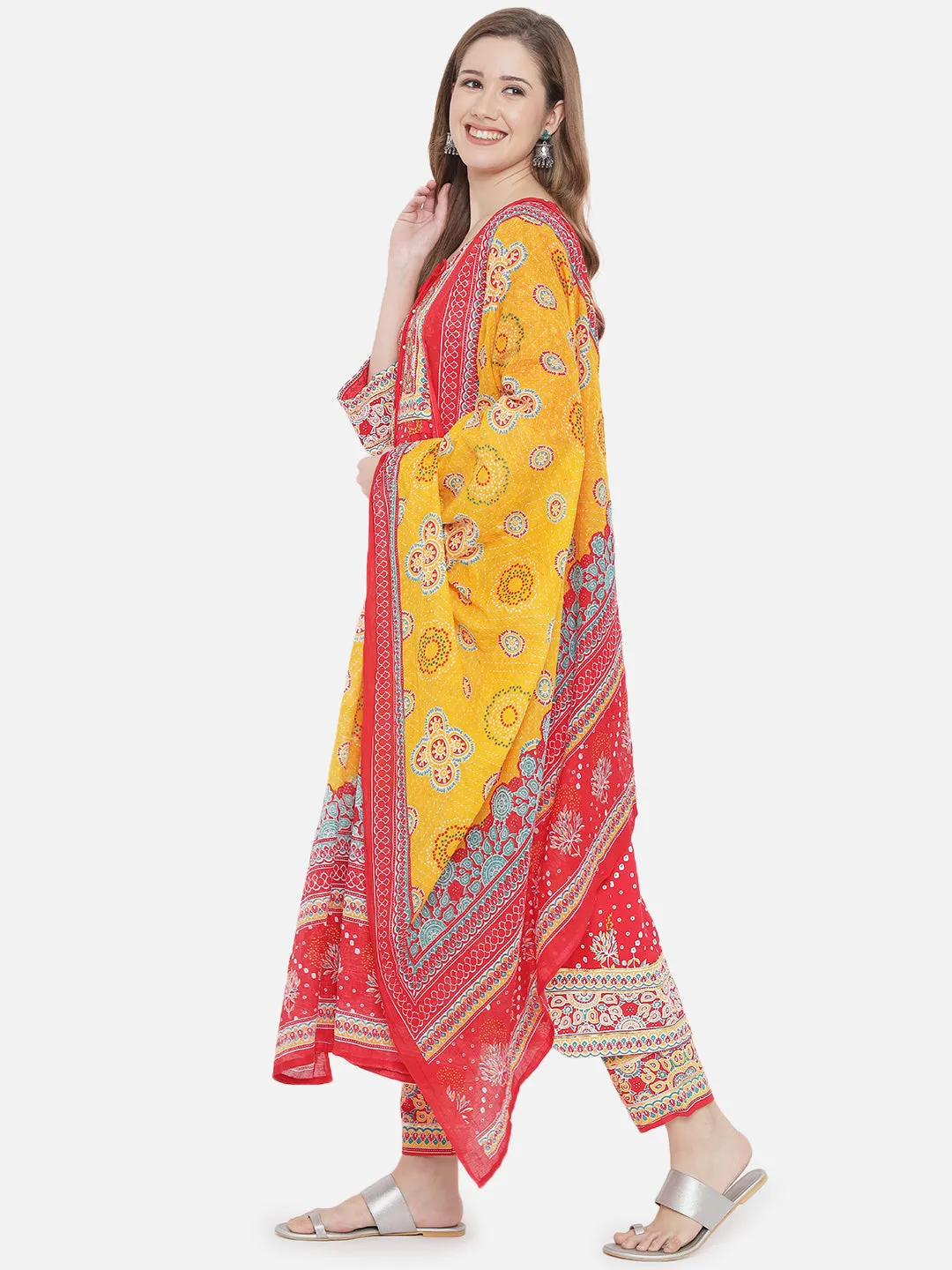 Red & Yellow Rayon Kalidar Kurta Set