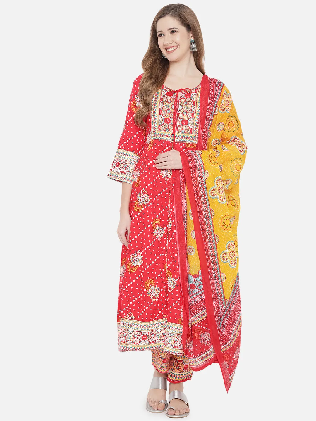 Red & Yellow Rayon Kalidar Kurta Set
