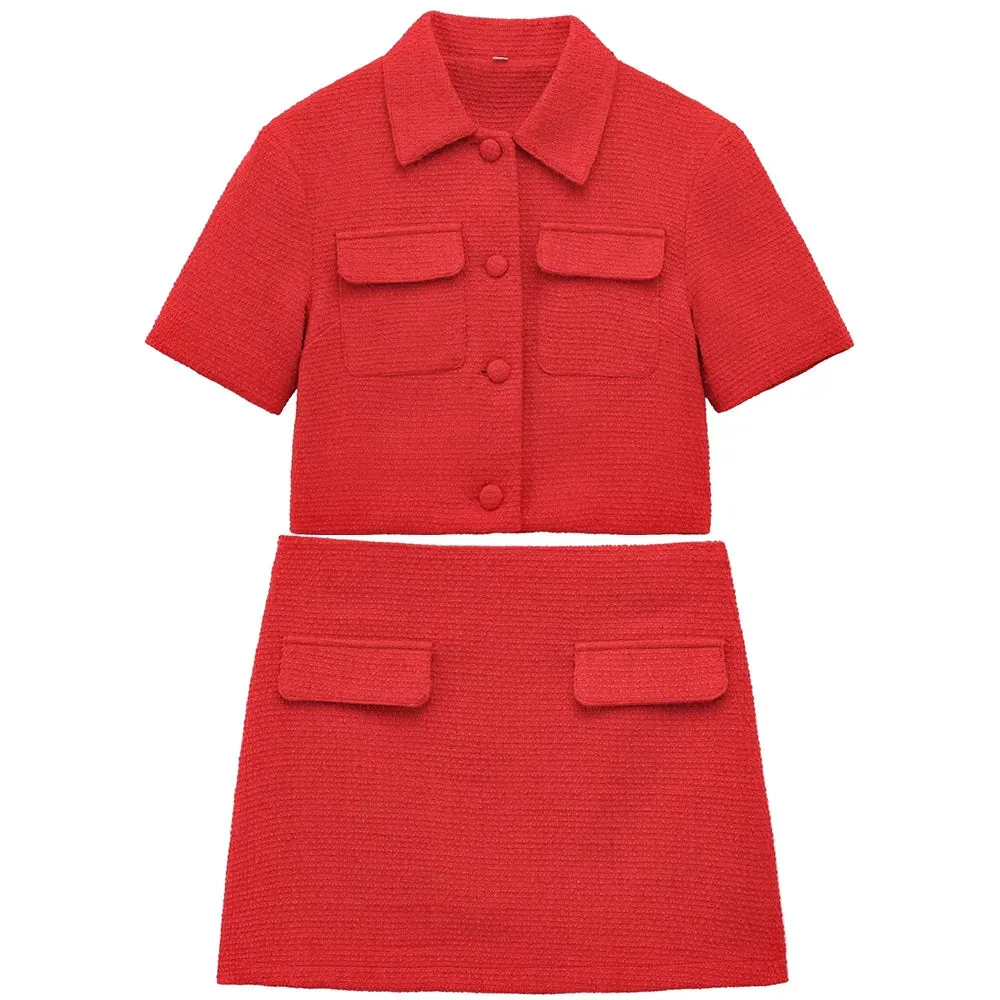 Red Solid Collar Short Sleeve Buttoned Top And Mini Skirt Set