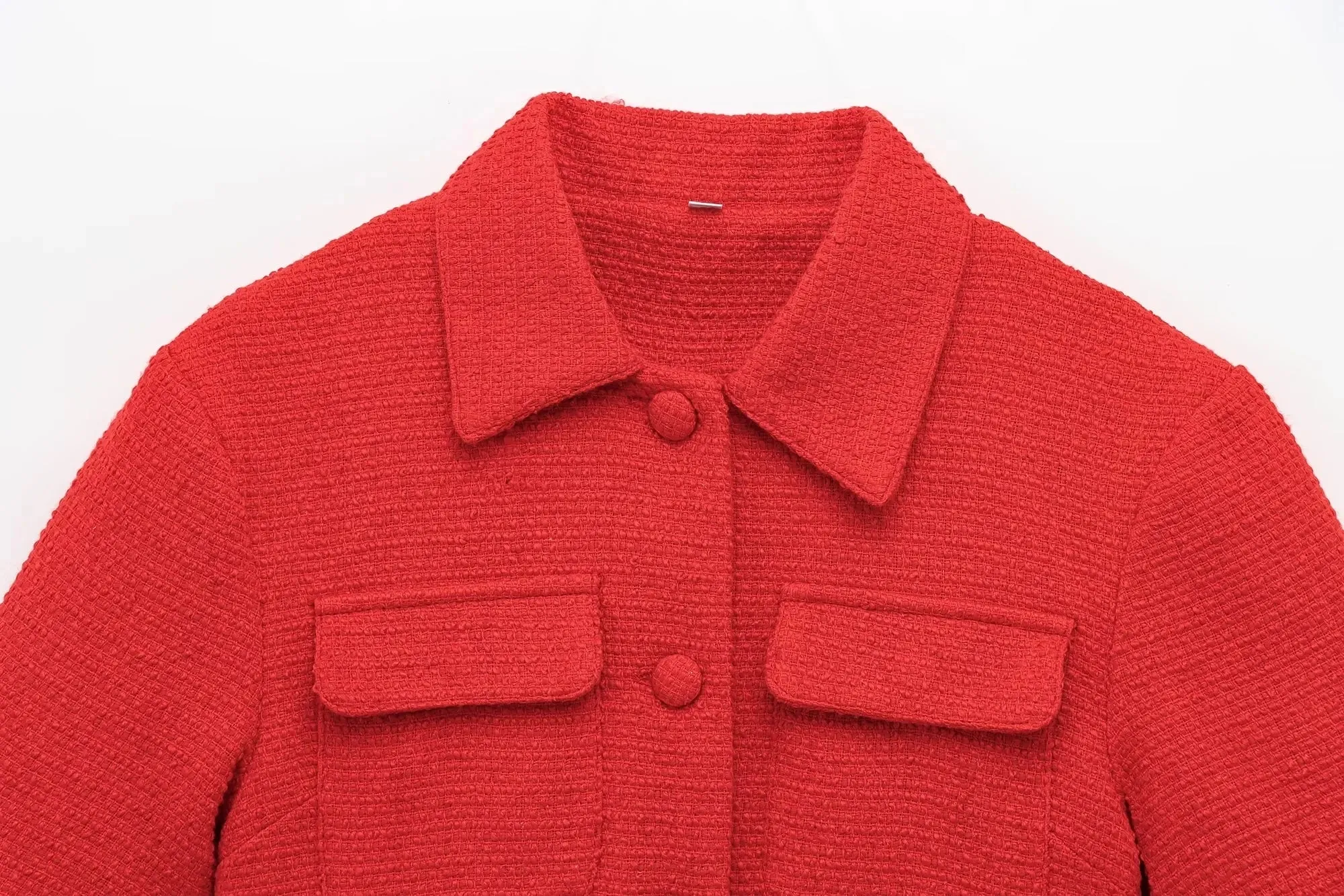Red Solid Collar Short Sleeve Buttoned Top And Mini Skirt Set