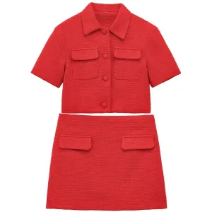 Red Solid Collar Short Sleeve Buttoned Top And Mini Skirt Set