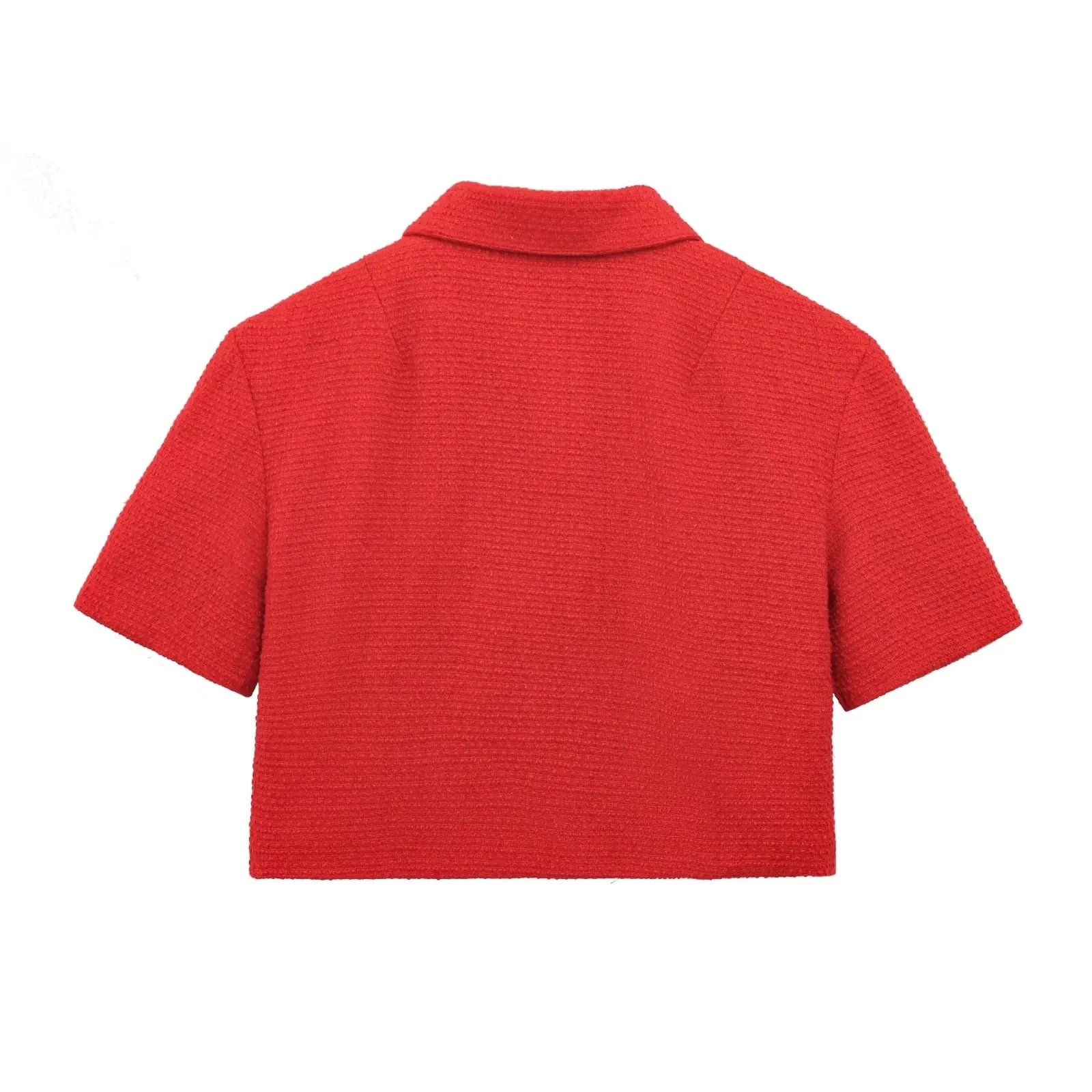 Red Solid Collar Short Sleeve Buttoned Top And Mini Skirt Set
