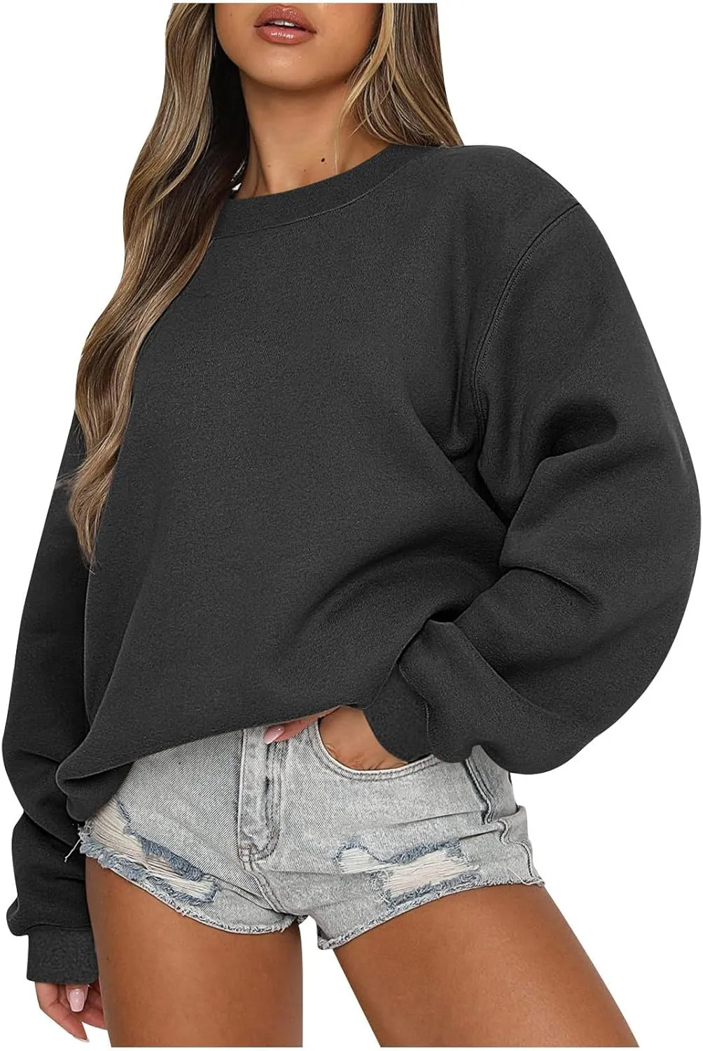 Ribbed Crewneck Sweatshirts for Women Trendy Comfy Oversized Sweatshirts Casual Long Sleeve Pullover Tops