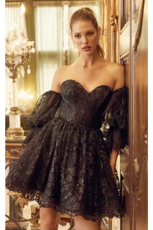 Short Puff Sleeve Glitter Print A-Line Dress by Juliet 895