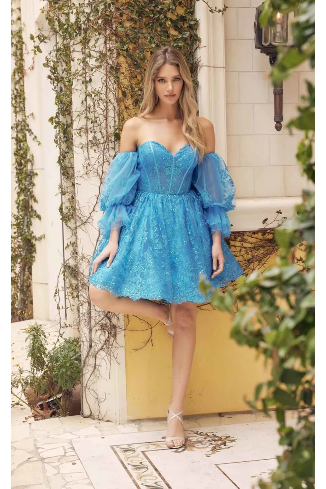 Short Puff Sleeve Glitter Print A-Line Dress by Juliet 895