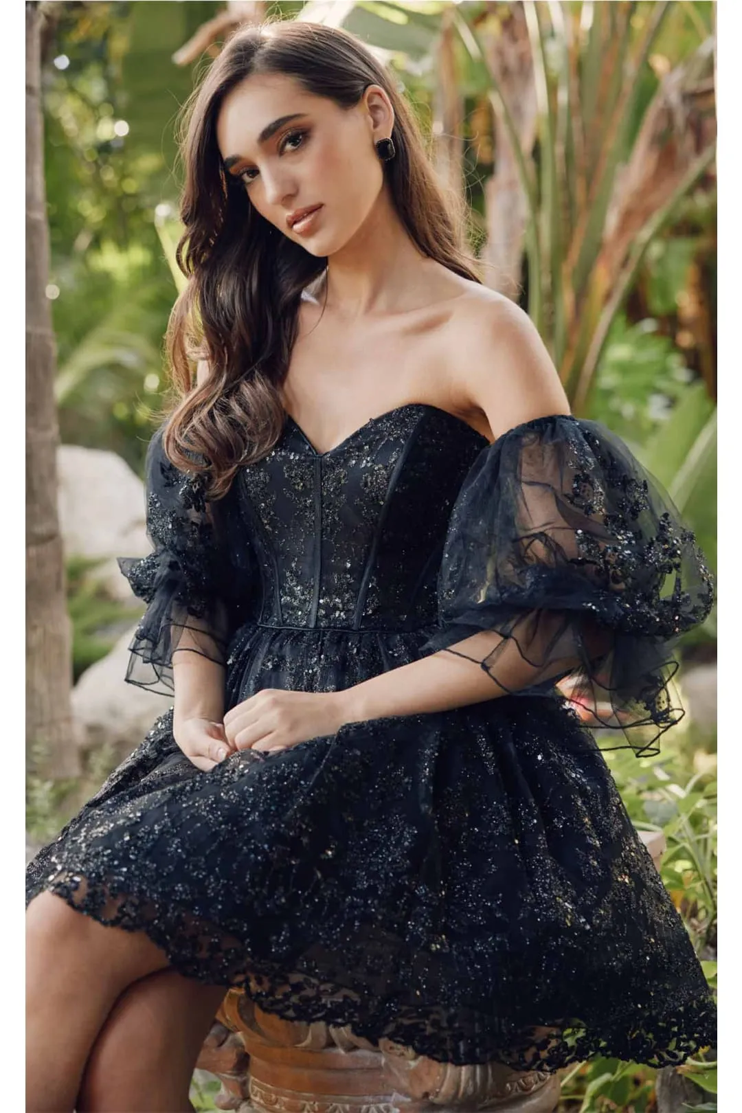 Short Puff Sleeve Glitter Print A-Line Dress by Juliet 895