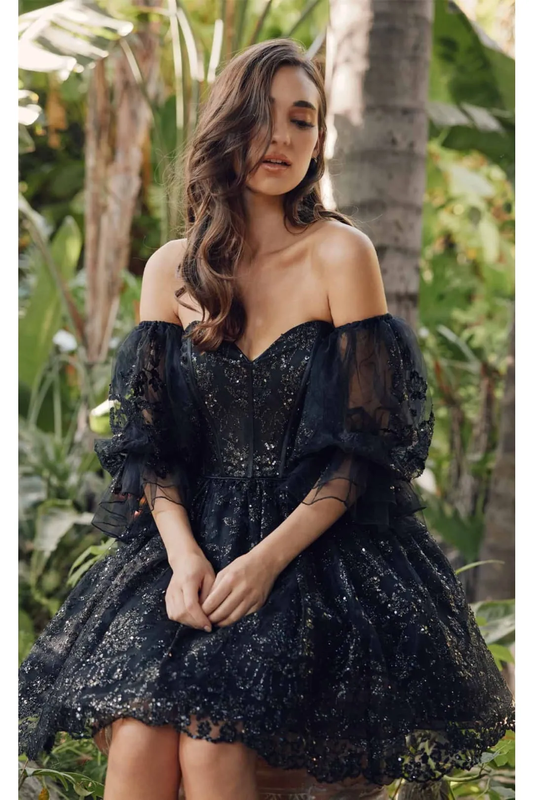 Short Puff Sleeve Glitter Print A-Line Dress by Juliet 895