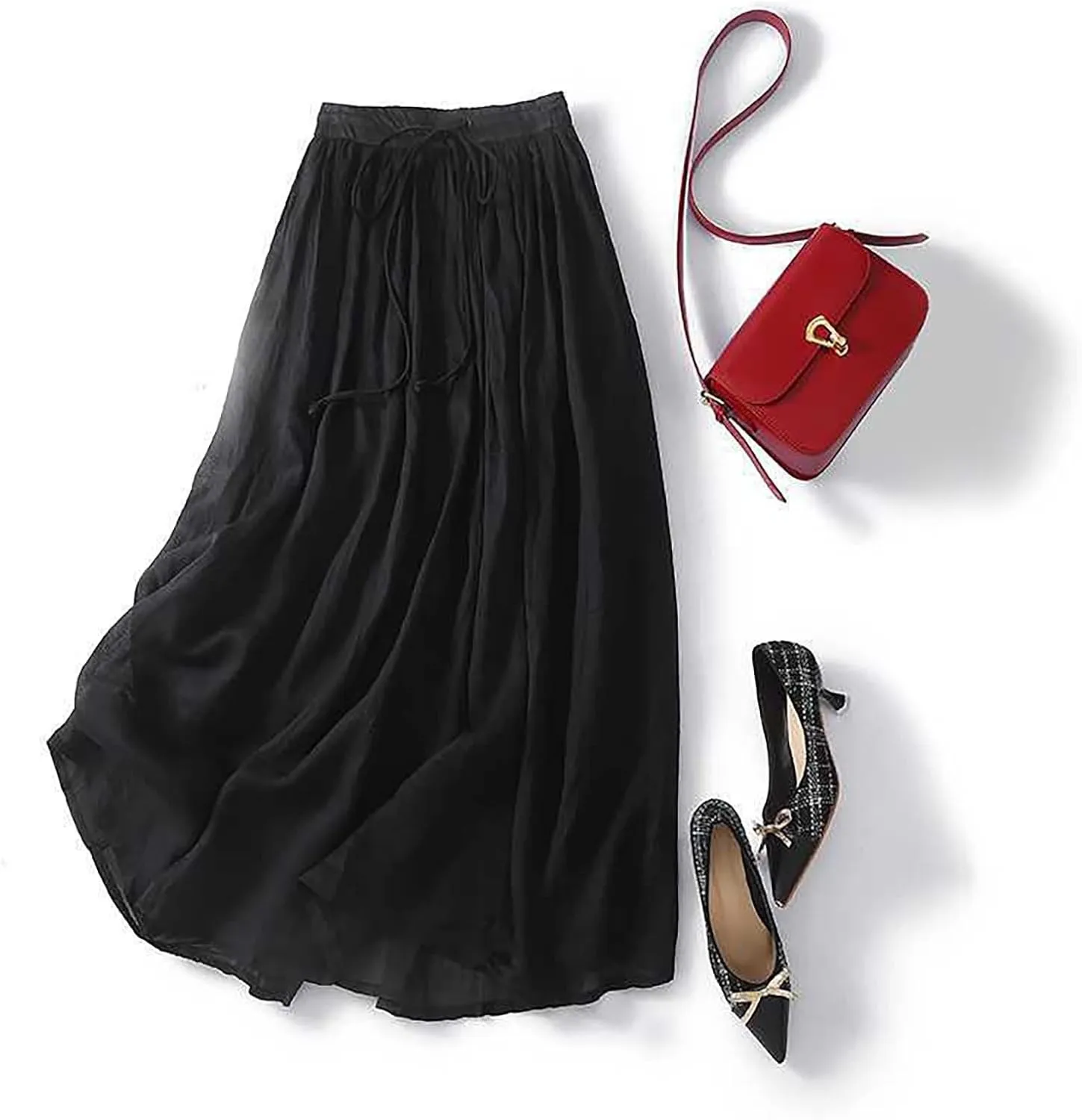 Skirts for Women Elastic High Waist Linen Ankle Skirt Fashion Casual Swing Long Skirt Elegant Flowy Pleated Skirts