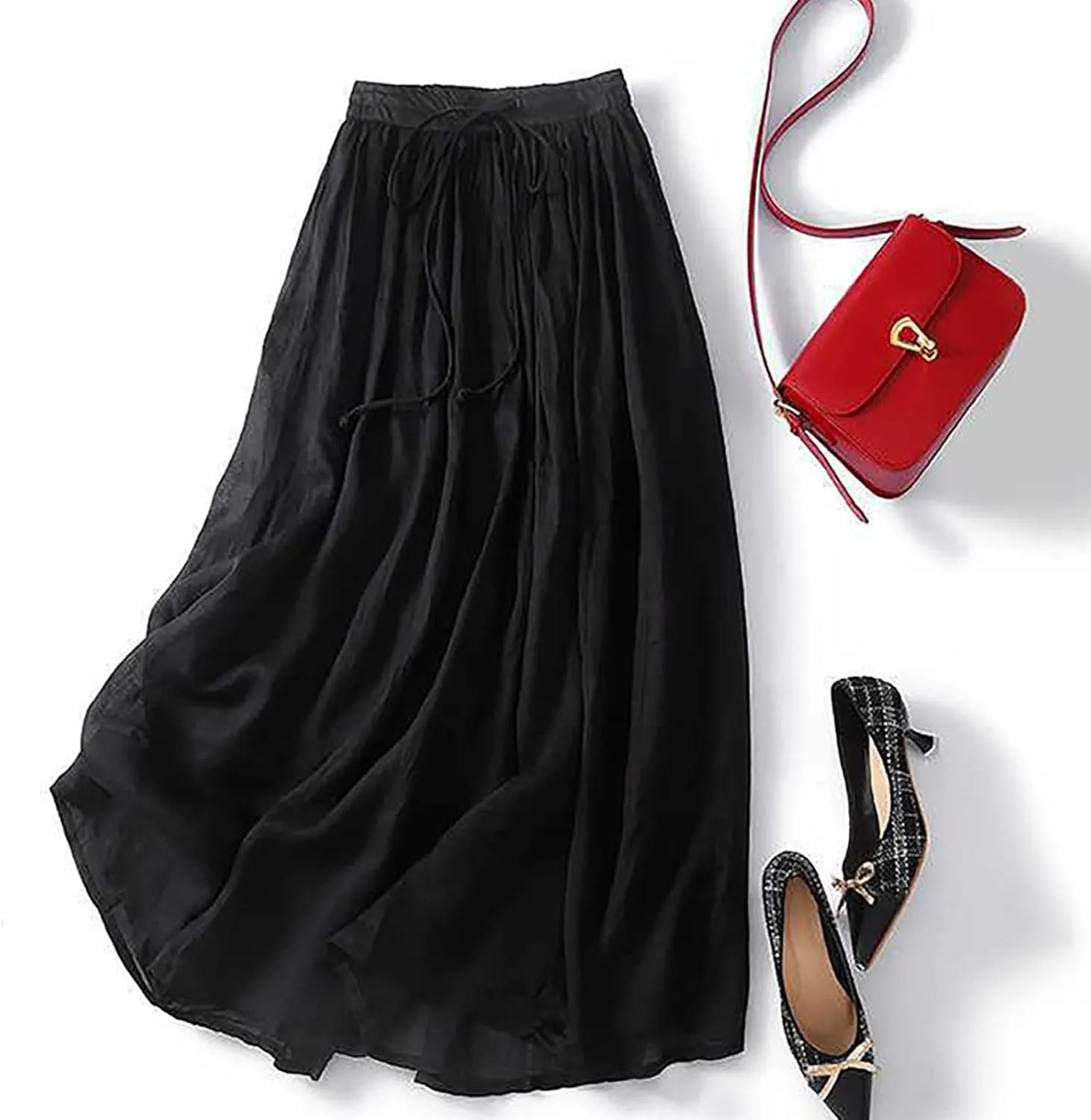 Skirts for Women Elastic High Waist Linen Ankle Skirt Fashion Casual Swing Long Skirt Elegant Flowy Pleated Skirts