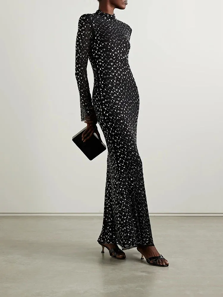 Square Hot Diamonds Chic High Neck Flared Sleeve Stretch Slim Long Dress