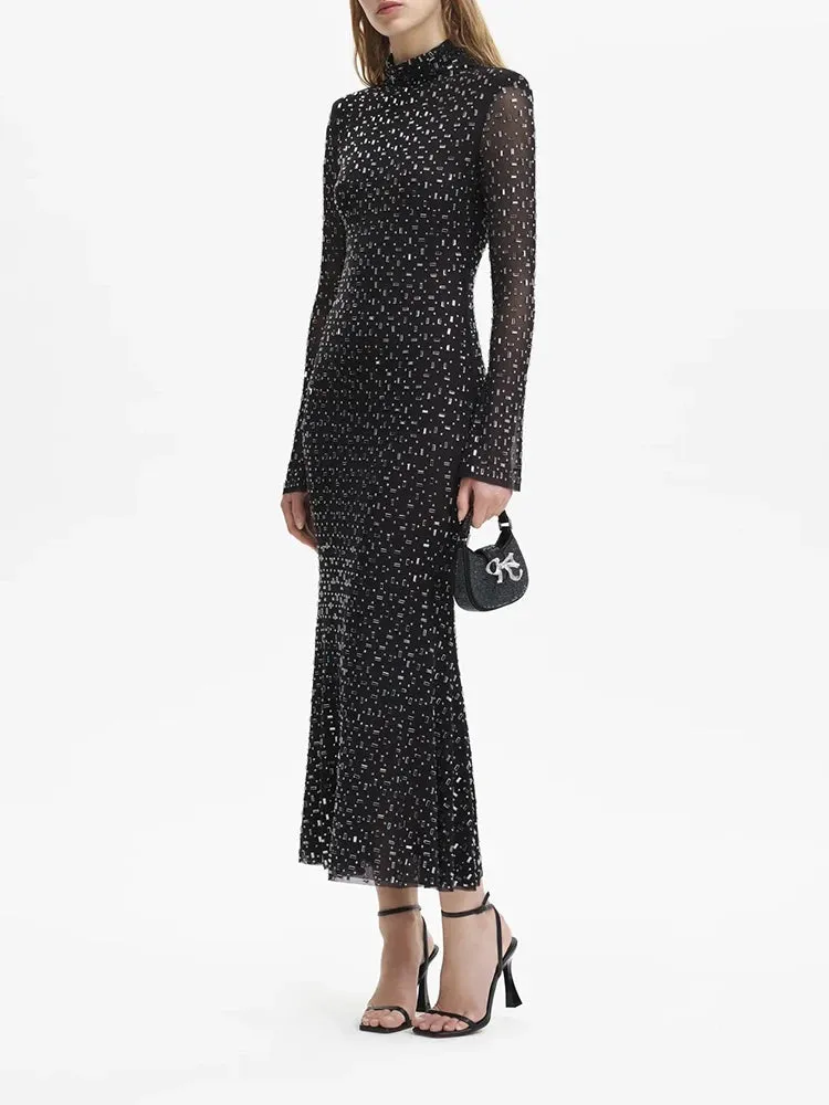 Square Hot Diamonds Chic High Neck Flared Sleeve Stretch Slim Long Dress