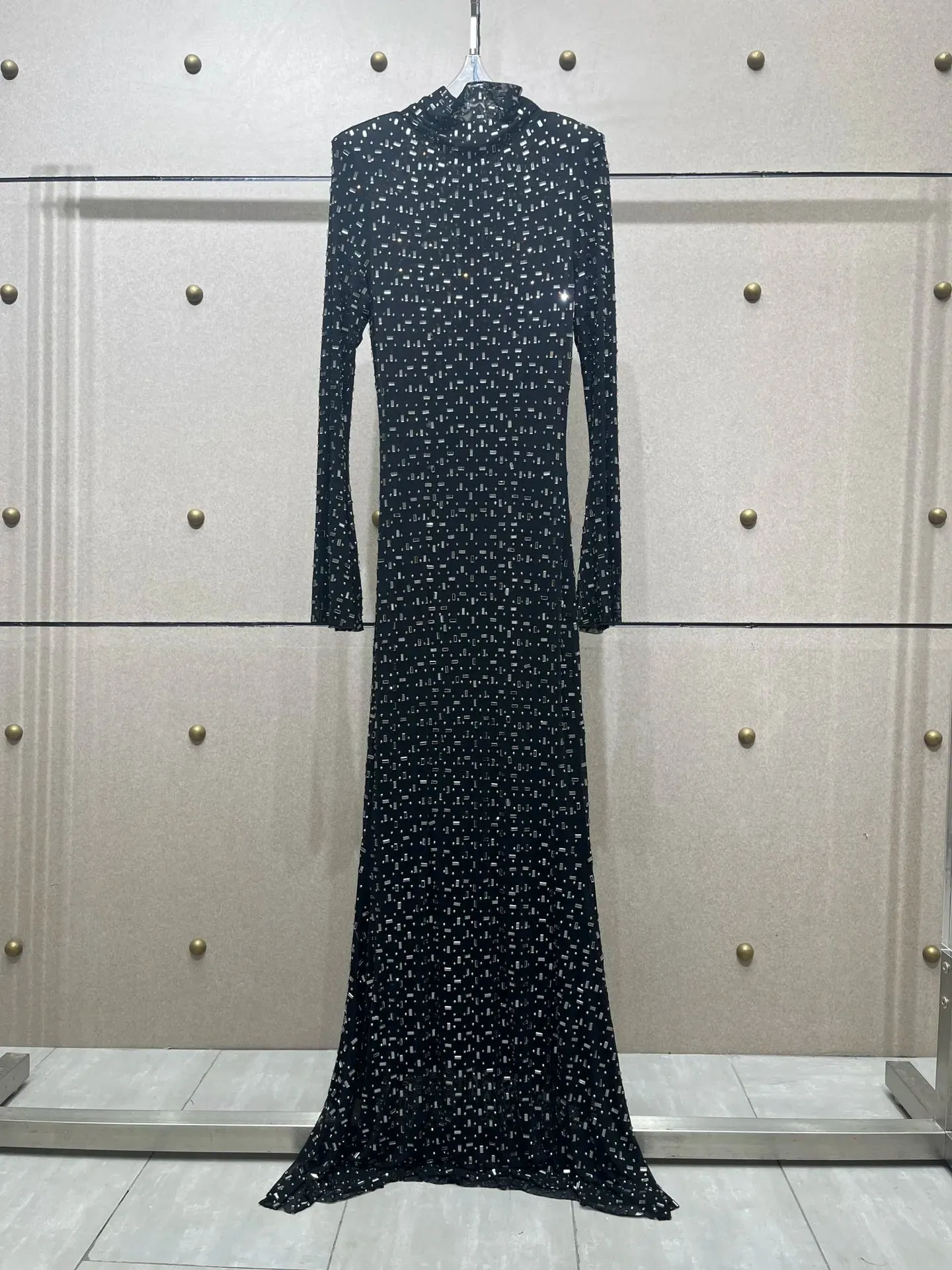 Square Hot Diamonds Chic High Neck Flared Sleeve Stretch Slim Long Dress