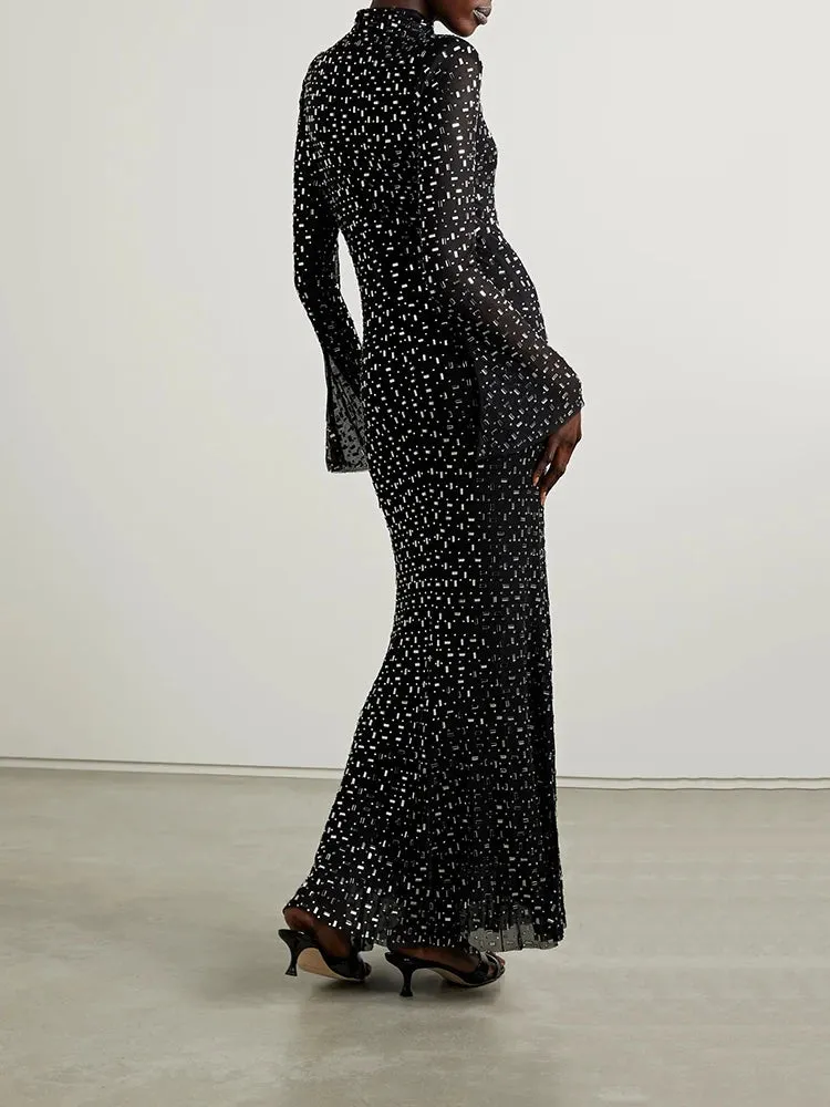 Square Hot Diamonds Chic High Neck Flared Sleeve Stretch Slim Long Dress