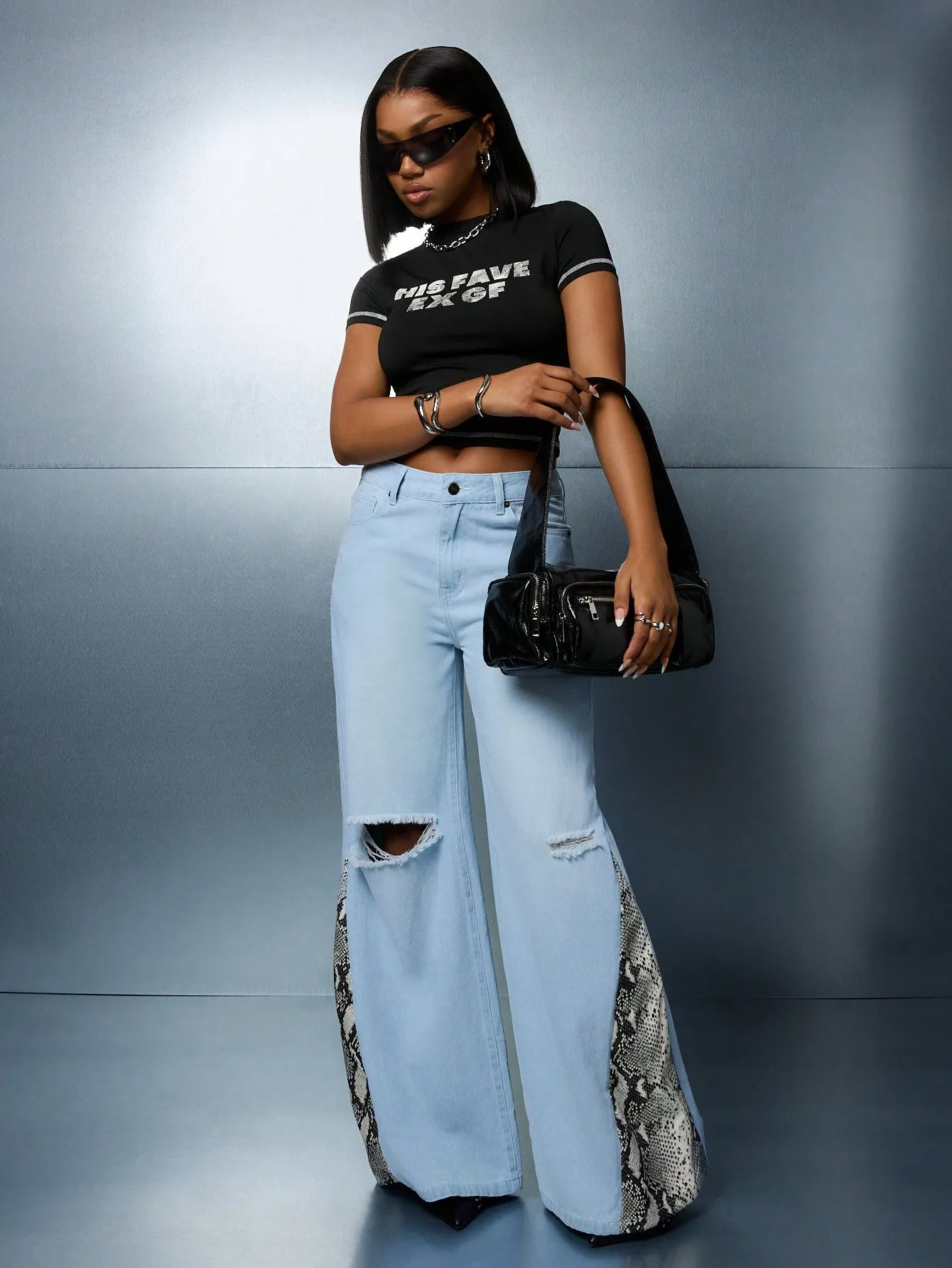 SUMWON WOMEN Flared Wide Leg Ripped Denim Jeans