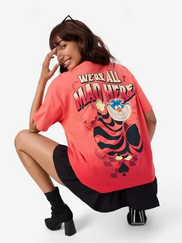 The Souled Store Official Alice in Wonderland: Cheshire Women and Girls Short Sleeve Round Neck Orange Graphic Printed Cotton Oversized T-Shirts