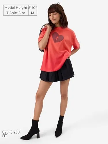 The Souled Store Official Alice in Wonderland: Cheshire Women and Girls Short Sleeve Round Neck Orange Graphic Printed Cotton Oversized T-Shirts